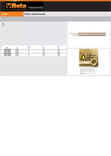 Beta 31BA 4X110 Kiütő, szikramentes 4mm