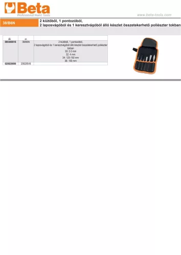 Beta 38/B6N 2 kiütőből, 1 pontozóból, 2 laposvágóból és 1 keresztvágóból álló készlet összetekerhető poliészter tokban (2002/BV6)