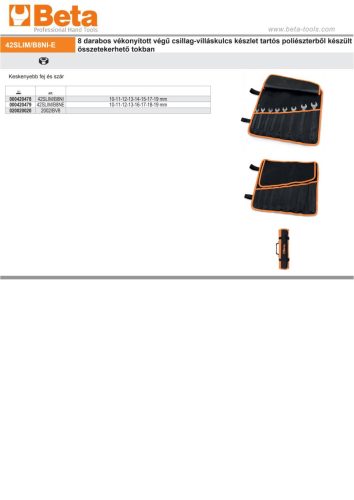 Beta 42SLIM/B8NE 8 darabos vékonyított végű csillag-villáskulcs készlet tartós poliészterből készült összetekerhető tokban