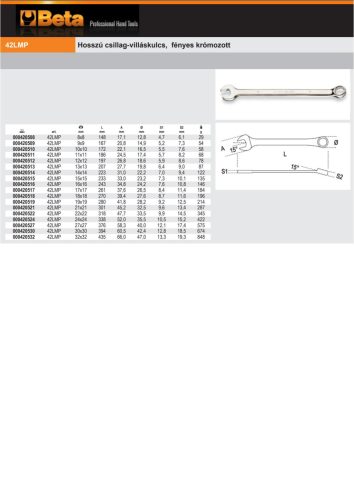 Beta 42LMP Hosszú csillag-villáskulcs, fényes krómozott 8mm