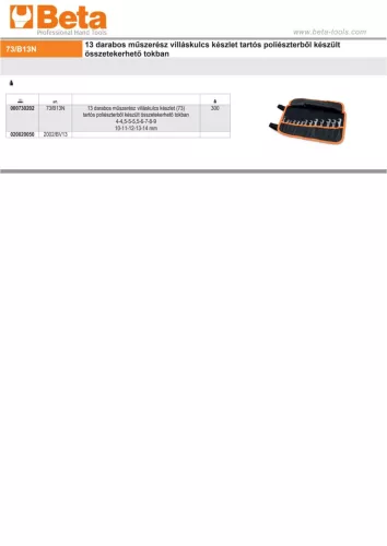 Beta 73/B13N 13 darabos műszerész villáskulcs készlet tartós poliészterből készült összetekerhető tokban