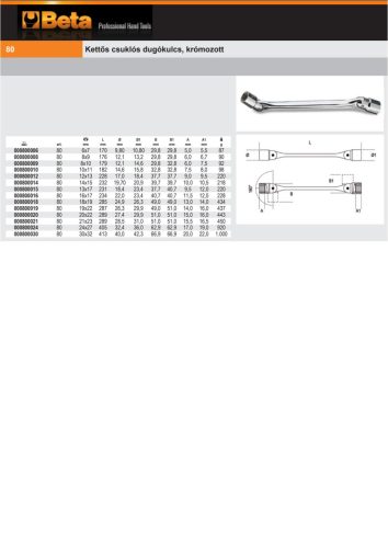 Beta 80 Kettős csuklós dugókulcs, krómozott 8x10mm