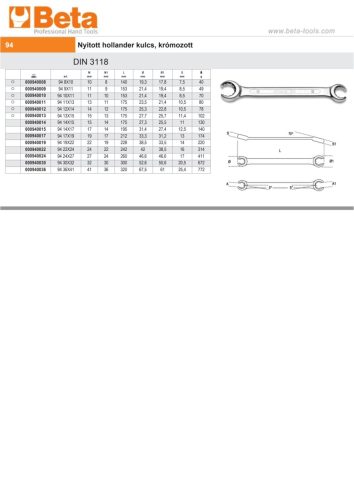 Beta 94 Nyitott hollander kulcs, krómozott 8x10mm