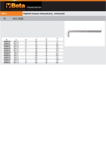 Beta 96LC Hajlított hosszú imbuszkulcs, krómozott 2mm