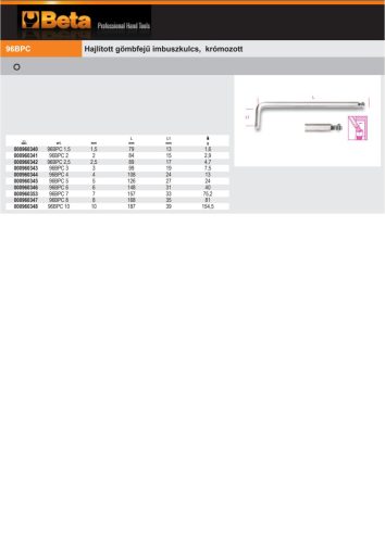 Beta 96BPC Hajlított gömbfejű imbuszkulcs, krómozott 1,5mm