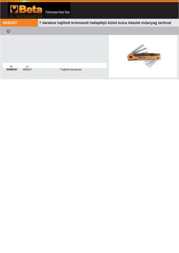 Beta 96/BGS7 7 darabos hajlított krómozott hatlapfejű külső kulcs készlet műanyag tartóval