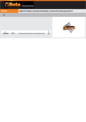 Beta 96/BG7 7 részes hatlapú imbuszkulcskészlet, krómozott,műanyag tartóval