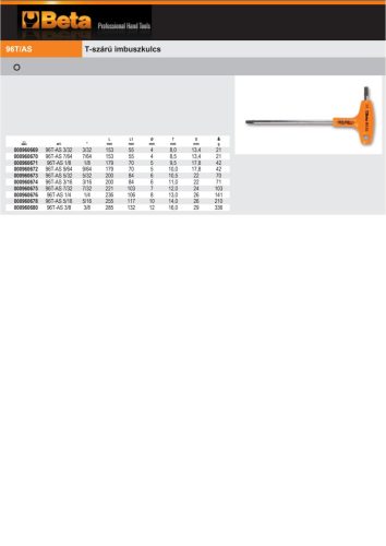 Beta 96T/AS8 8 darabos hatlapfejű hajlított külső kulcs markolattal (96T/AS)