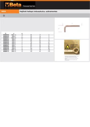 Beta 96BA Hajlított hatlapú imbuszkulcs, szikramentes 1,5mm