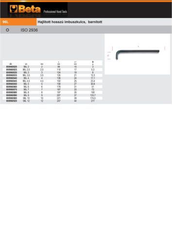 Beta 96L Hajlított hosszú imbuszkulcs, barnított 9mm