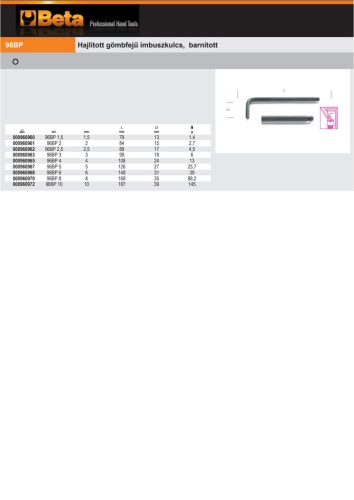 Beta 96BP Hajlított gömbfejű imbuszkulcs, barnított 1,5mm