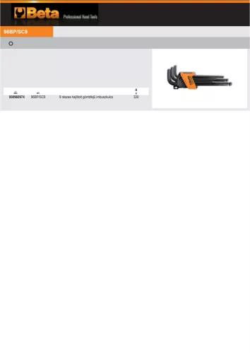 Beta 96BP/SC9 9 részes hajlított gömbfejű imbuszkulcs szerszám készlet (96BP) tartóval