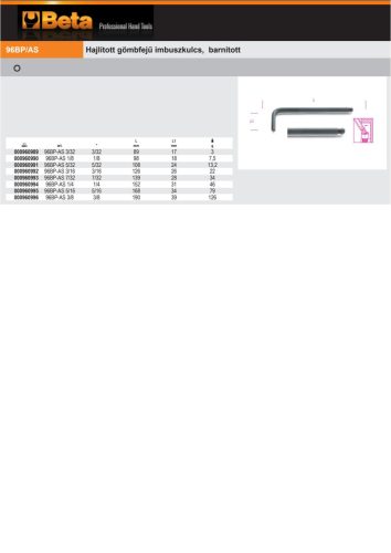 Beta 96BP-AS Hajlított gömbfejű imbuszkulcs, barnított 3/32"