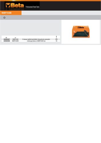 Beta 96BP-AS/8 8 részes hajlított gömbfejű imbuszkulcs szerszám készlet (96BP/AS) műanyag tasakban