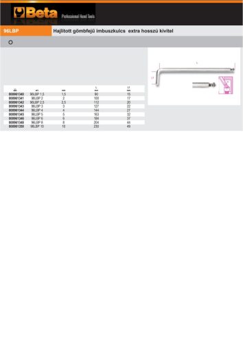 Beta 96LBP Hajlított gömbfejű imbuszkulcs extra hosszú kivitel 1,5mm