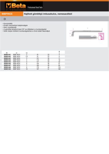 Beta 96BPINOX Hajlított gömbfejű imbuszkulcs, nemesacélból 2mm