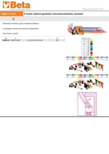 Beta 96BP-CL/SC9 9 részes hajlított gömbfejű imbuszkulcskészlet, színezett