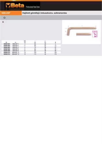 Beta 96BA/BP Hajlított gömbfejű imbuszkulcs, szikramentes 3,5mm