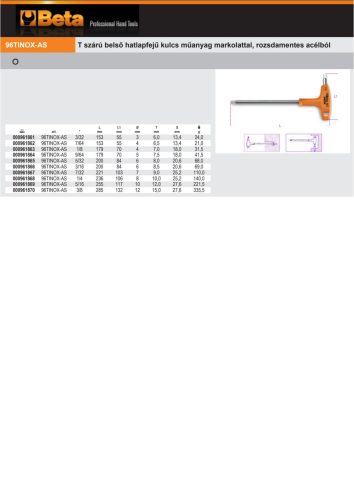 Beta 96TINOX-AS T szárú belső hatlapfejű kulcs műanyag markolattal, rozsdamentes acélból 3/32"