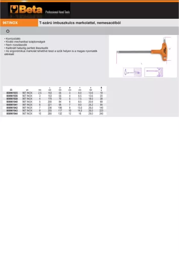 Beta 96T INOX T-szárú imbuszkulcs markolattal, nemesacélból 2.5mm