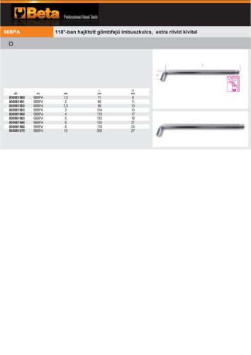 Beta 96BPA 110°-ban mm Hajlított gömbfejű imbuszkulcs, extra rövid kivitel 1,5mm