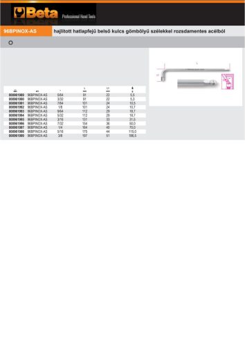 Beta 96BPINOX-AS Hajlított hatlapfejű belső kulcs gömbölyű szélekkel rozsdamentes acélból 5/64"