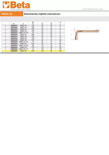 Beta 96BAF-AS Szikramentes hajlított imbuszkulcs 3/32
"