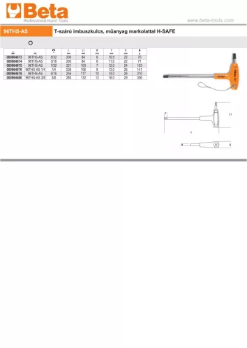 Beta 96THS T-szárú imbuszkulcs, műanyag markolattal H-SAFE 5/32"