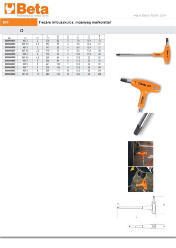 Beta 96T 2,5 T-szárú imbuszkulcs, műanyag markolattal 2,5mm