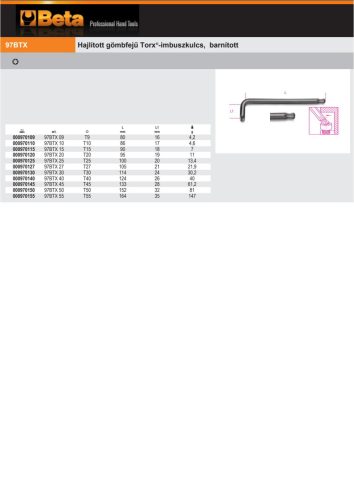 Beta 97BTx Hajlított gömbfejű Torx®-imbuszkulcs, barnított T9