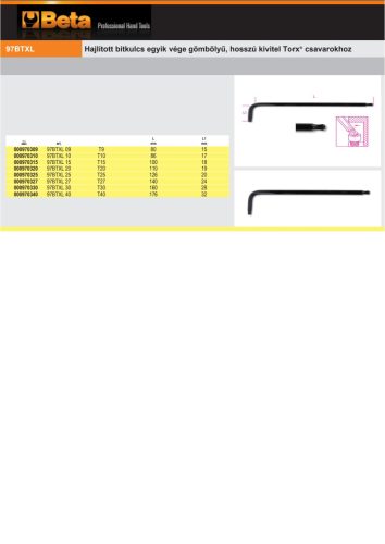 Beta 97BTxL Hajlított bitkulcs egyik vége gömbölyű, hosszú kivitel Torx® csavarokhoz T9
