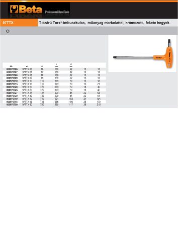 Beta 97TTx T-szárú Torx®-imbuszkulcs, műanyag markolattal, krómozott, fekete hegyek T6