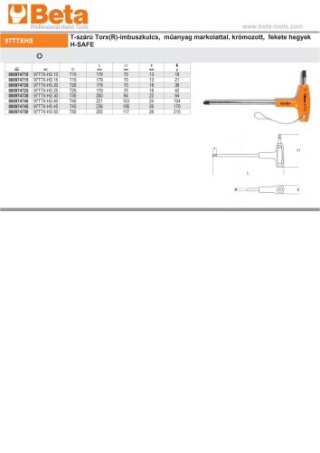 Beta 97TTXHS T-szárú Torx(R)-imbuszkulcs, műanyag markolattal, krómozott, fekete hegyek H-SAFE T10