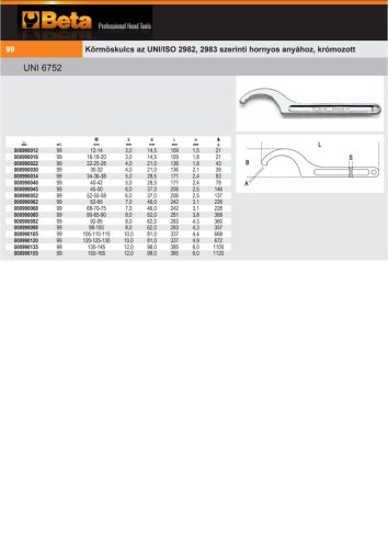 Beta 99 Körmöskulcs az UNI/ISO 2982, 2983 szerinti hornyos anyához, krómozott 12-14mm