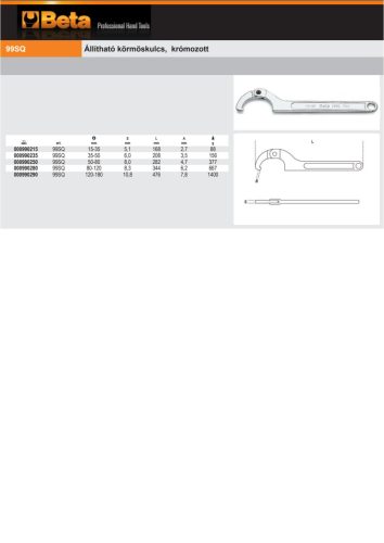 Beta 99SQ Állítható körmöskulcs, krómozott 120-180mm