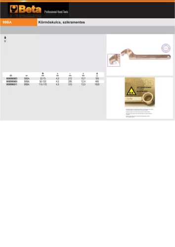 Beta 99BA 115 Körmöskulcs, szikramentes 115-170mm