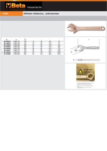 Beta 110BA 450 Állítható villáskulcs, szikramentes 450mm