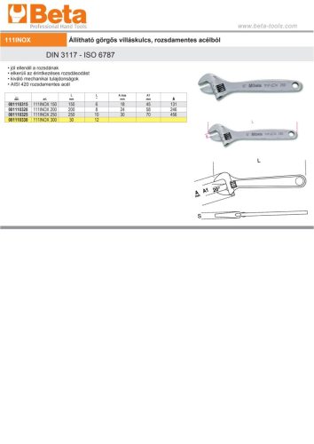 Beta 111INOX Görgős, állítható kulcsok, rozsdamentes acélból 150mm
