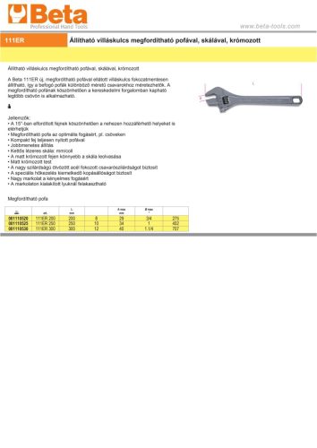 Beta 111ER 200 Állítható villáskulcs megfordítható pofával, skálával, krómozott 200mm