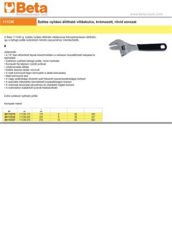 Beta 111CM 270 Széles nyílású állítható villáskulcs, krómozott, rövid sorozat 270mm