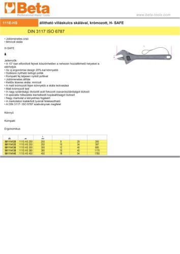 Beta 111E-HS 380 Állítható villáskulcs skálával, krómozott, H- SAFE 380mm