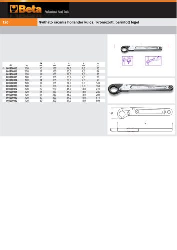 Beta 120 Nyitható racsnis hollander kulcs, krómozott, barnított fejjel 10 10mm
