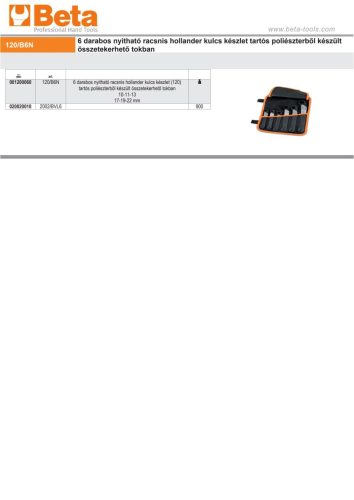 Beta 120/B6N 6 darabos nyitható racsnis hollander kulcs készlet tartós poliészterből készült összetekerhető tokban