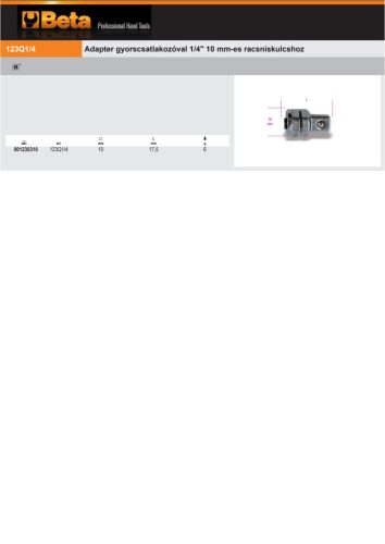Beta 123Q1/4 Adapter 10 mm-es racsniskulcshoz 1/4"-os dugókulcsokhoz