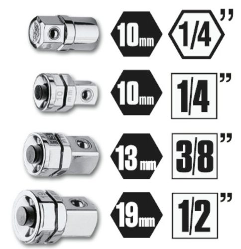 Beta 123/K4 Adapterkészlet racsnis kulcshoz , 4 darabos: : 1/4"-os bitbefogáshoz, és 1/4, 3/8", 1/2"-os dugókulcsokhoz