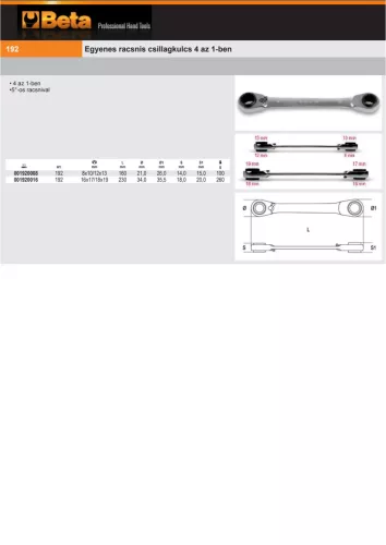 Beta 192 Egyenes racsnis csillagkulcs 4 az 1-ben 16x17/18x19 16x17/18x19mm