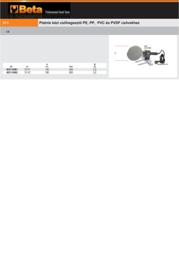 Beta 311/2 Platnis kézi csőhegesztő PE, PP, PVC és PVDF csövekhez 190mm