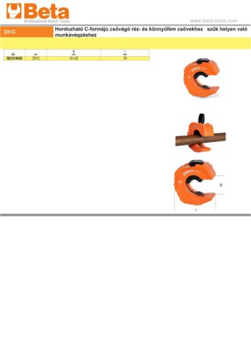 Beta 331C Hordozható C-formájú csővágó réz- és könnyűfém csövekhez  szűk helyen való munkavégzéshez 15-22mm