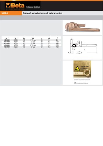Beta 363BA 600 Csőfogó, amerikai modell, szikramentes 600mm