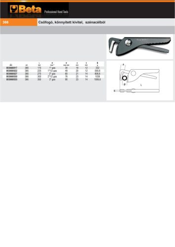 Beta 366 275 Csőfogó, könnyített kivitel, szénacélból 275mm